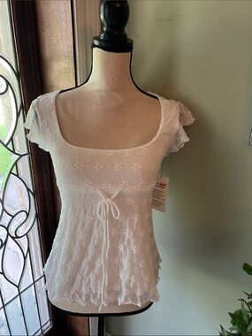 White Lace Square Neck Peplum Tie-Front Top